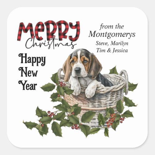 Beagle Puppy Holly Basket Christmas Square Sticker