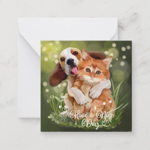 Beagle puppy hugging a ginger kitten	 note card