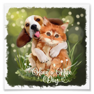 Beagle puppy hugging a ginger kitten photo print