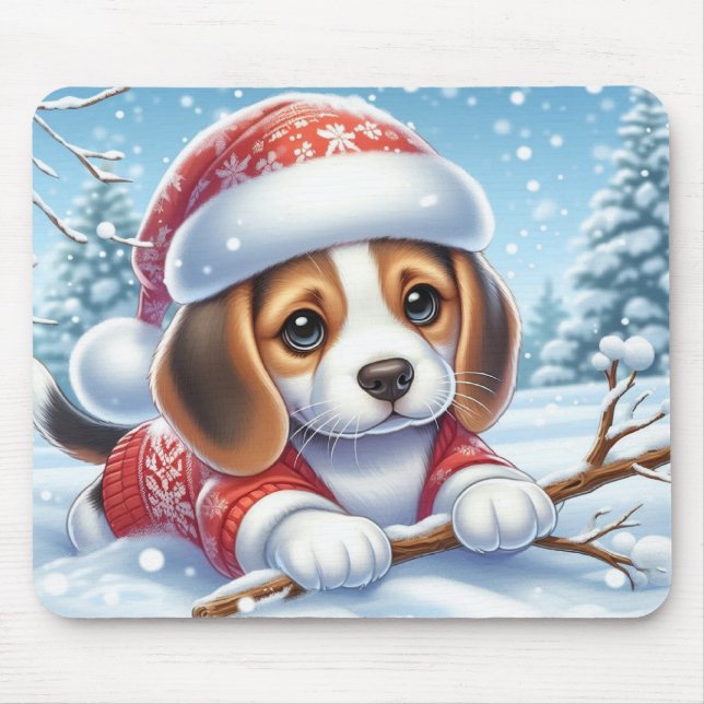 Beagle Puppy in Christmas Outfit Enjoying The Snow Mouse Pad (Front)