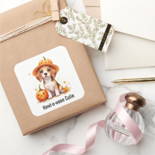 Beagle Puppy in Pumpkin Hat Halloween Watercolor Square Sticker