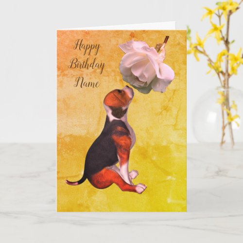 Beagle Puppy Rose Art Personalized  Birthday  Card