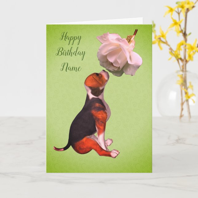 Beagle Puppy Rose Personalized  Birthday  Card (Yellow Flower)