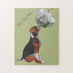 Beagle Puppy Smelling White Rose Personalized Jigsaw Puzzle
