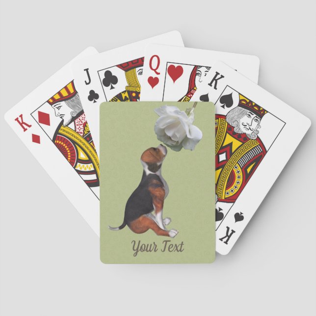 Beagle Puppy Smelling White Rose  Poker Cards (Back)