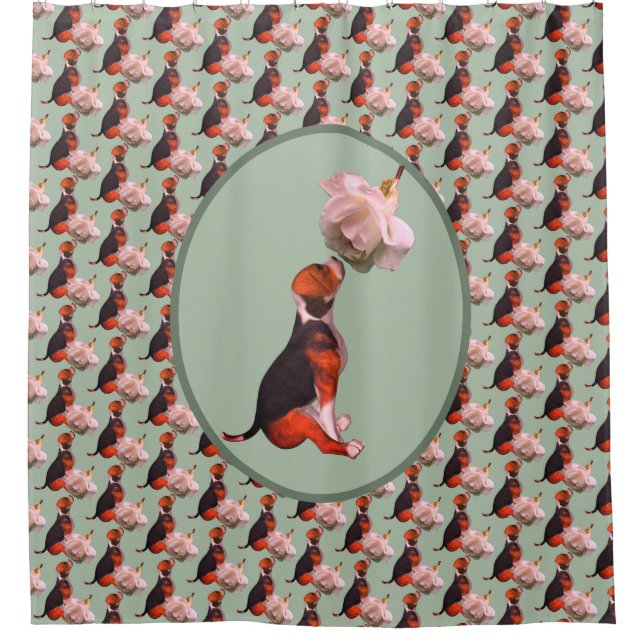 Beagle Puppy White Rose Animal Shower Curtain (Front)