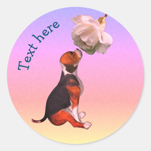 Beagle Puppy White Rose Cute Dog Personalized Classic Round Sticker (Front)