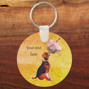 Beagle Puppy White Rose Cute Personalized Keychain