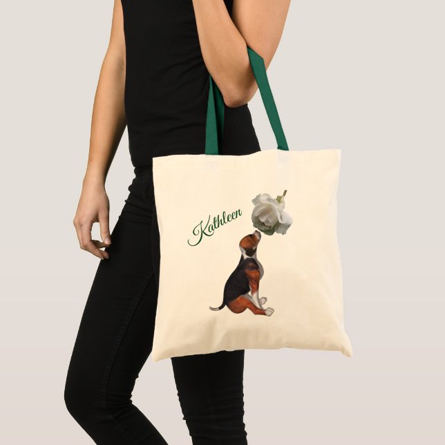 Beagle Puppy White Rose Personalized Tote Bag (Front (Product))