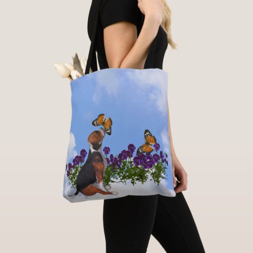Beagle Puppy With Butterflies And Flowers  Tote Bag