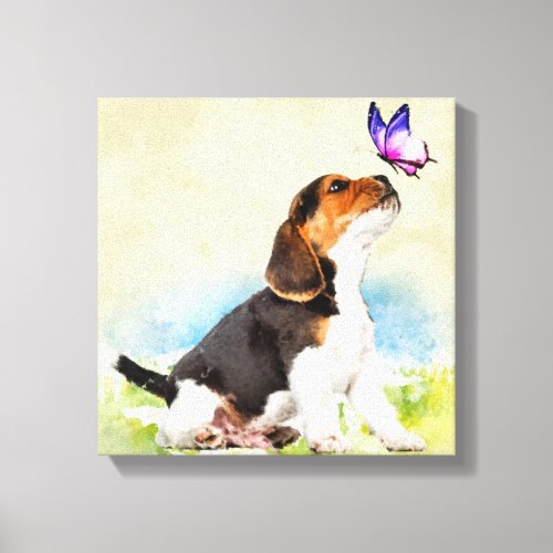 Beagle puppy with butterfly canvas print