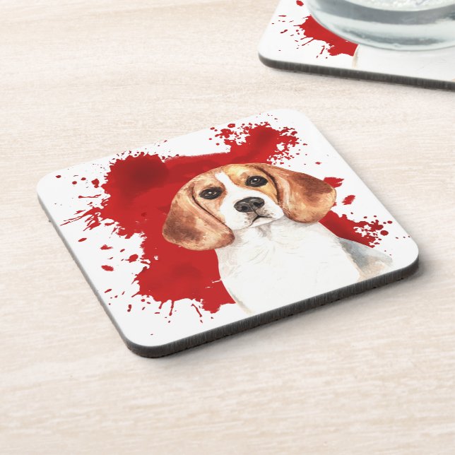 Beagle Red Abstract Splatter Beverage Coaster (Left Side)