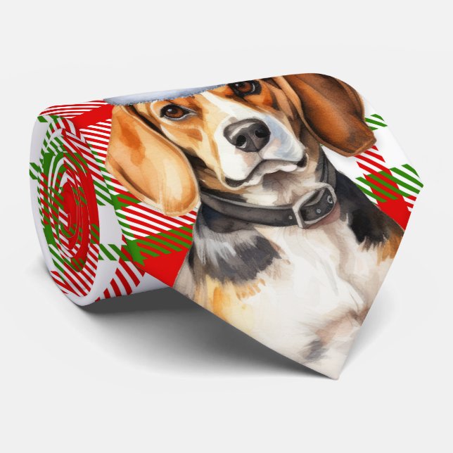 Beagle Red and Green Plaid Holiday Christmas  Neck Tie (Rolled)