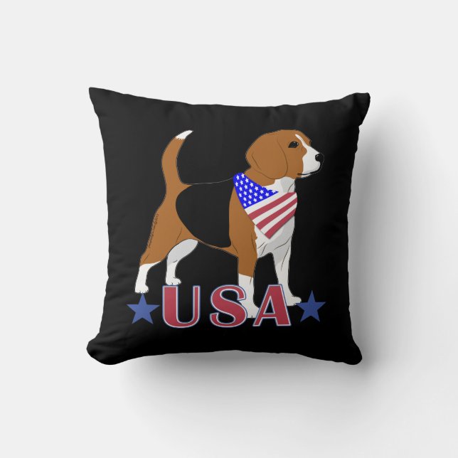 Beagle Red White Blue USA Patriotic Black Throw Pillow (Front)