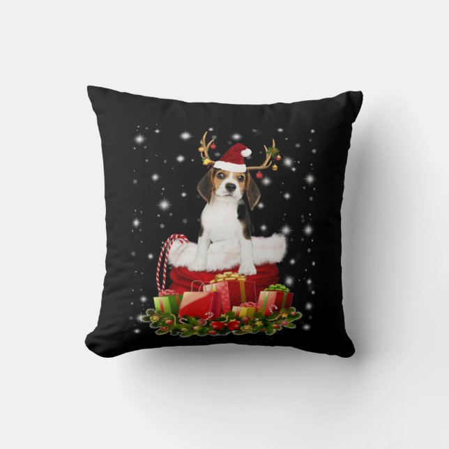 Beagle Reindeer Pressent Christmas Gift Throw Pillow (Front)