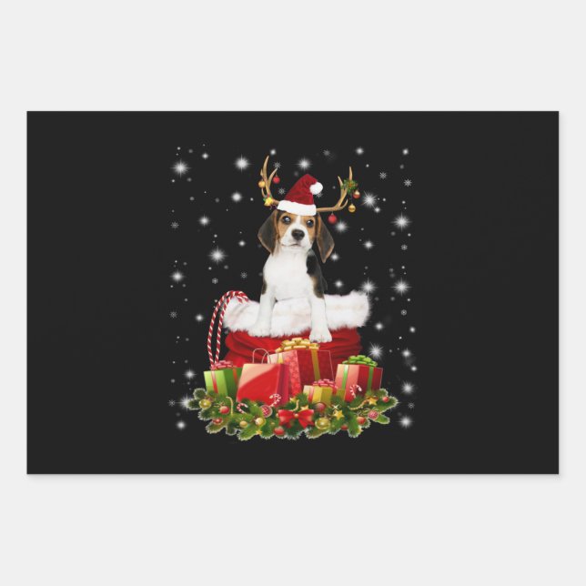 Beagle Reindeer Pressent Christmas Gift Wrapping Paper Sheets (Front)