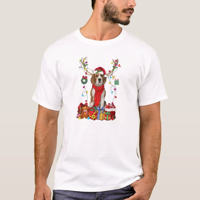 Beagle Reindeer Santa Christmas Color Lights T-Shirt (Front)