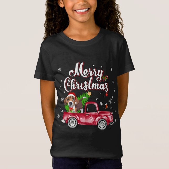 Beagle Retriever Rides Red Truck Christmas Pajama T-Shirt (Front)