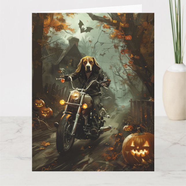 Beagle Riding Motorcycle Halloween Scary  Card (Front)