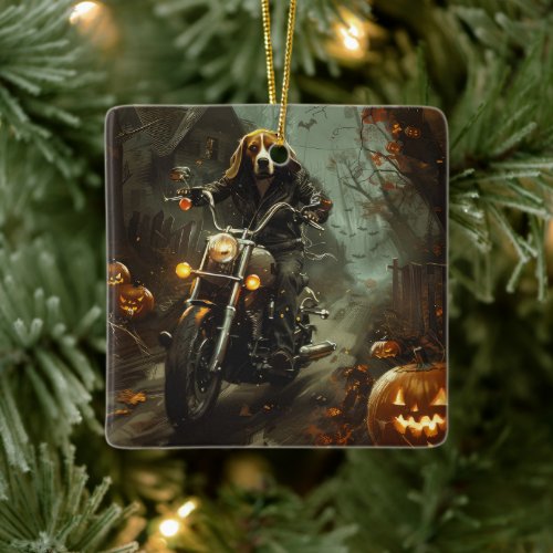 Beagle Riding Motorcycle Halloween Scary  Ceramic Ornament