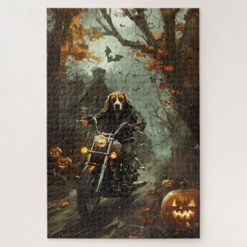 Beagle Riding Motorcycle Halloween Scary  Jigsaw Puzzle