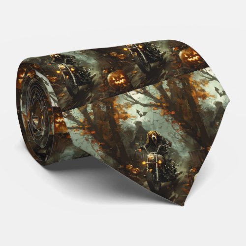 Beagle Riding Motorcycle Halloween Scary  Neck Tie