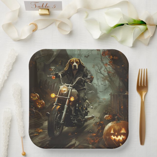 Beagle Riding Motorcycle Halloween Scary  Paper Plates (Wedding)