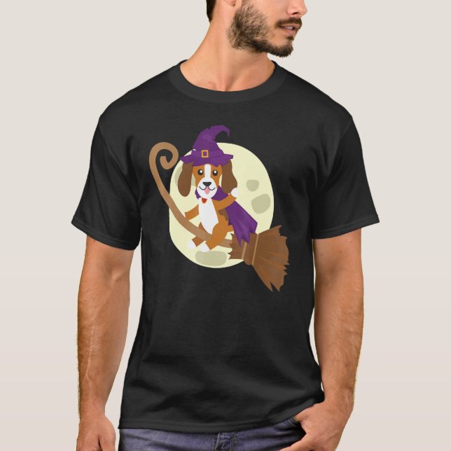 Beagle Riding Witch Broom Cute Dog Animal Hallowee T-Shirt (Front)