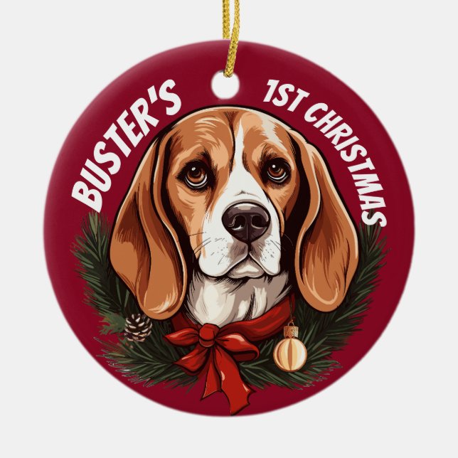 Beagle’s First Christmas Ceramic Ornament (Front)