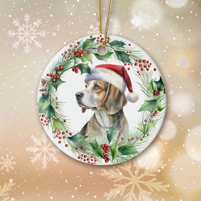  Beagle Santa Hat Holly Wreath Christmas Ceramic Ornament (Creator Uploaded)