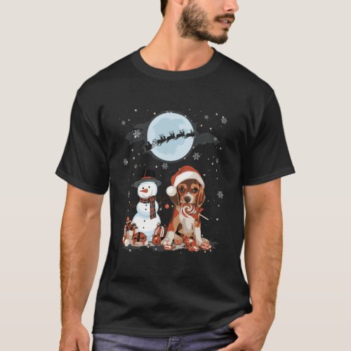Beagle Santa Hat Snowman Santa Under Moonlight Chr T_Shirt