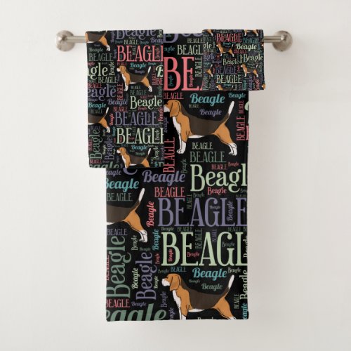 Beagle silhouette and word art pattern bath towel set