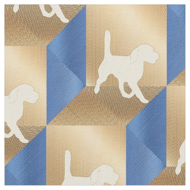 Beagle Silhouette on Brown and Blue Cubes Fabric (Close Up)