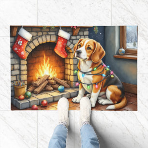 Beagle Sitting by Fireplace with Christmas Lights Doormat