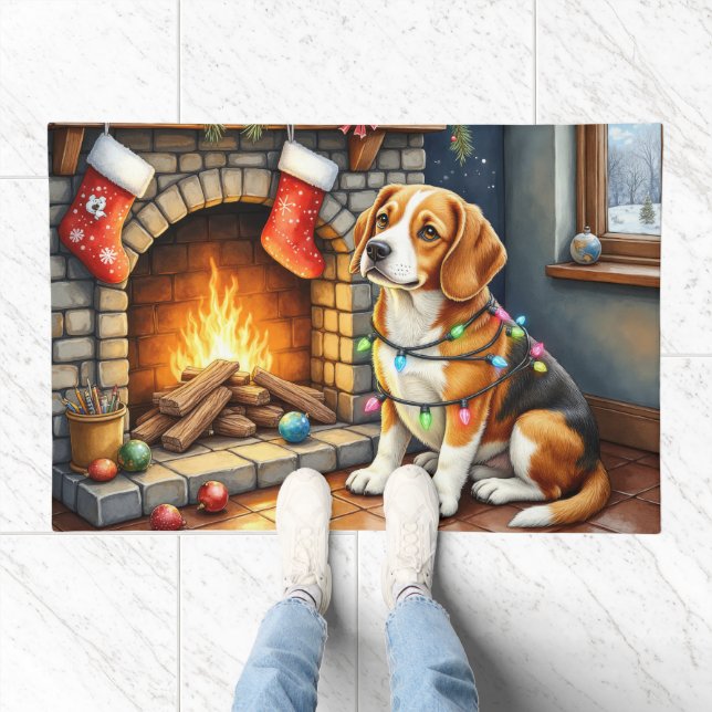 Beagle Sitting by Fireplace with Christmas Lights Doormat (Indoor)
