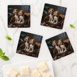 Beagle Snowy Sleigh Christmas Decor Coaster Set