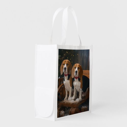 Beagle Snowy Sleigh Christmas Decor  Grocery Bag
