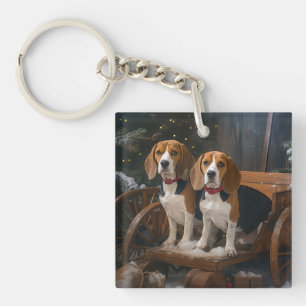 Beagle Snowy Sleigh Christmas Decor Keychain
