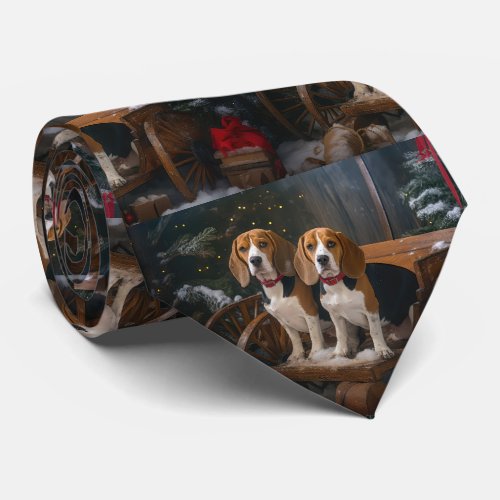 Beagle Snowy Sleigh Christmas Decor  Neck Tie