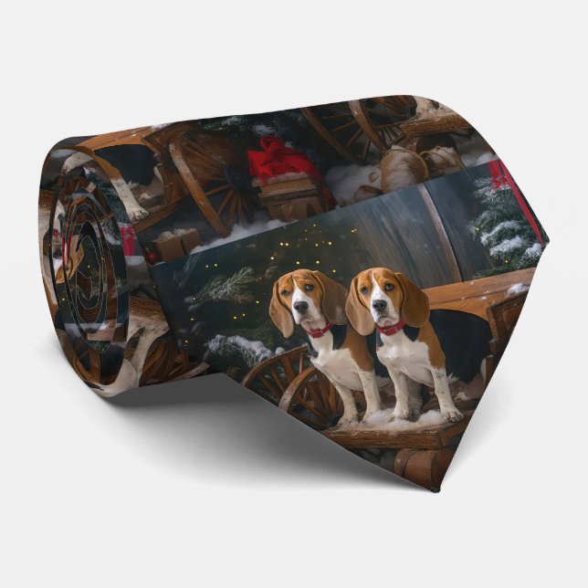 Beagle Snowy Sleigh Christmas Decor  Neck Tie (Rolled)
