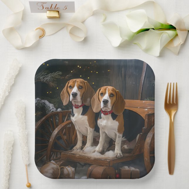 Beagle Snowy Sleigh Christmas Decor  Paper Plates (Wedding)