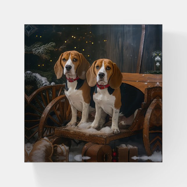 Beagle Snowy Sleigh Christmas Decor  Paperweight (Front)