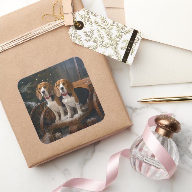 Beagle Snowy Sleigh Christmas Decor  Square Sticker (Gifting)