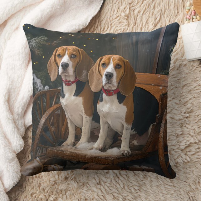Beagle Snowy Sleigh Christmas Decor  Throw Pillow (Blanket)