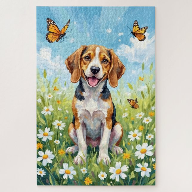 Beagle Spring Meadow Floral Dog Jigsaw Puzzle (Vertical)