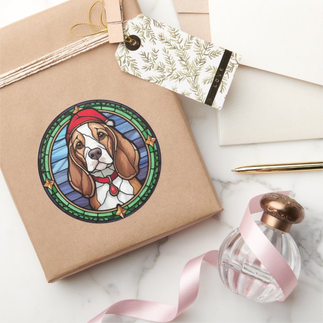 Beagle Stained Glass Christmas Classic Round Sticker (Gifting)