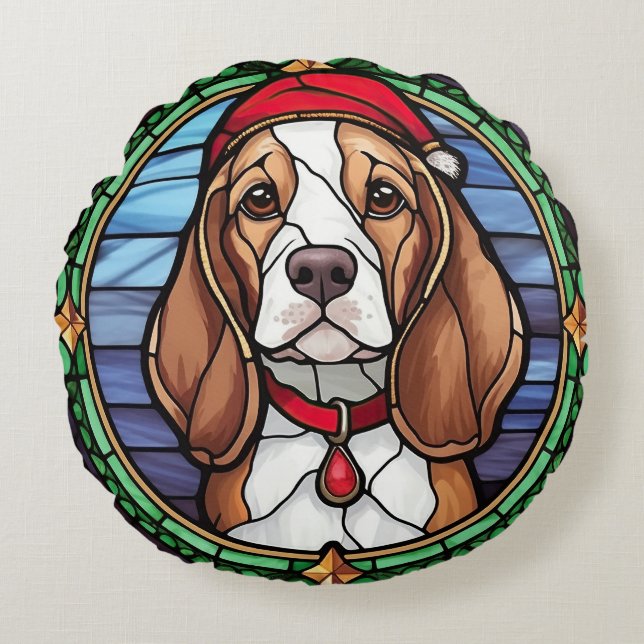 Beagle Stained Glass Christmas Round Pillow (Front)