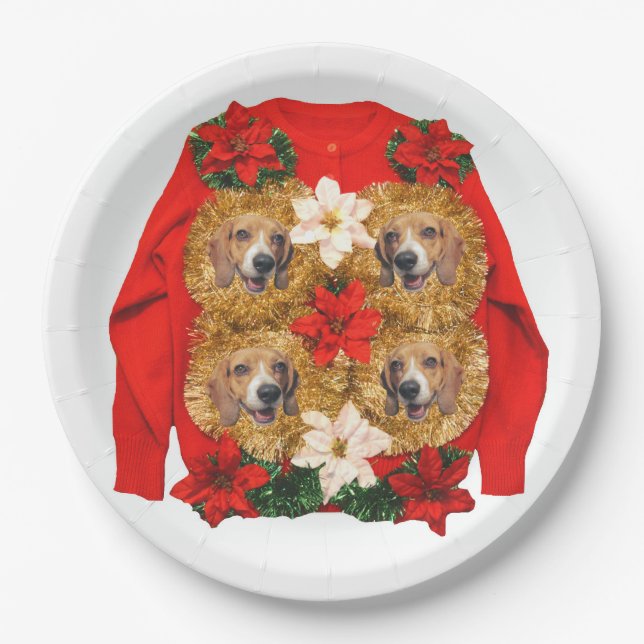 Beagle Ugly Christmas Sweater Paper Plates (Front)
