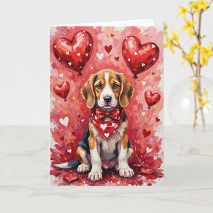 Beagle Valentine’s Day Dog with Hearts Red Card