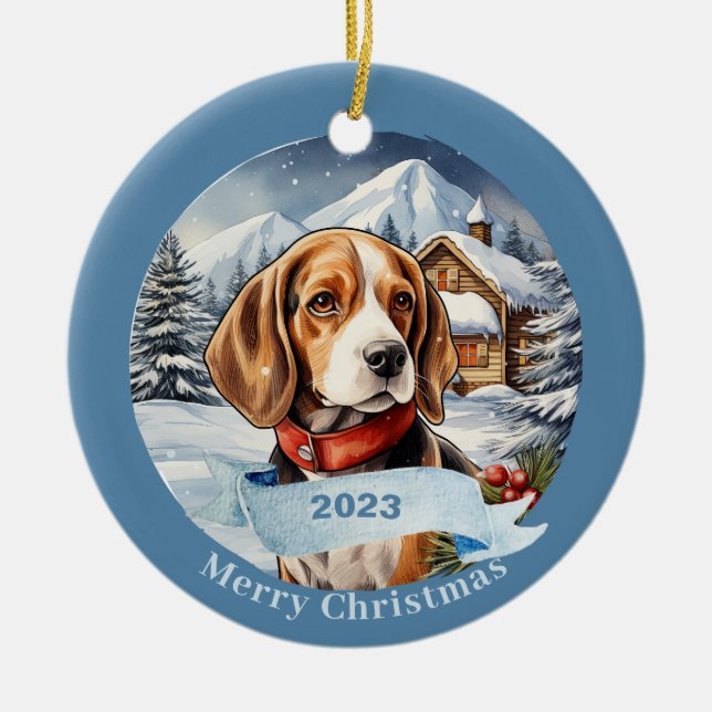 Beagle Watercolor Dog Christmas Ceramic Ornament (Front)